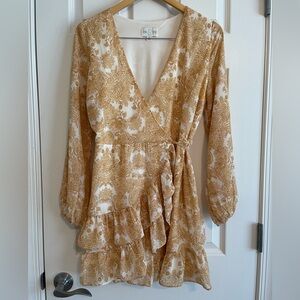 Francesca’s Jun & Ivy Long Sleeve Yellow Floral Wrap Dress w/ Ruffle Hem. Size S
